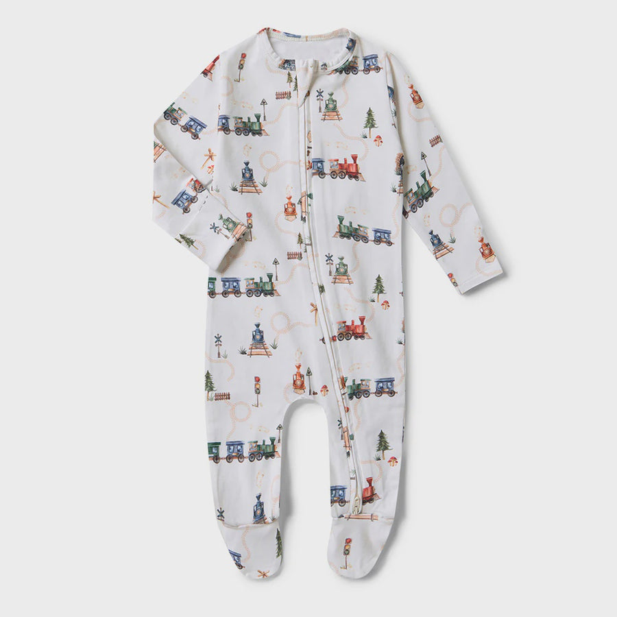 Trains Organic Snuggle Sleepsuit Zip Footie