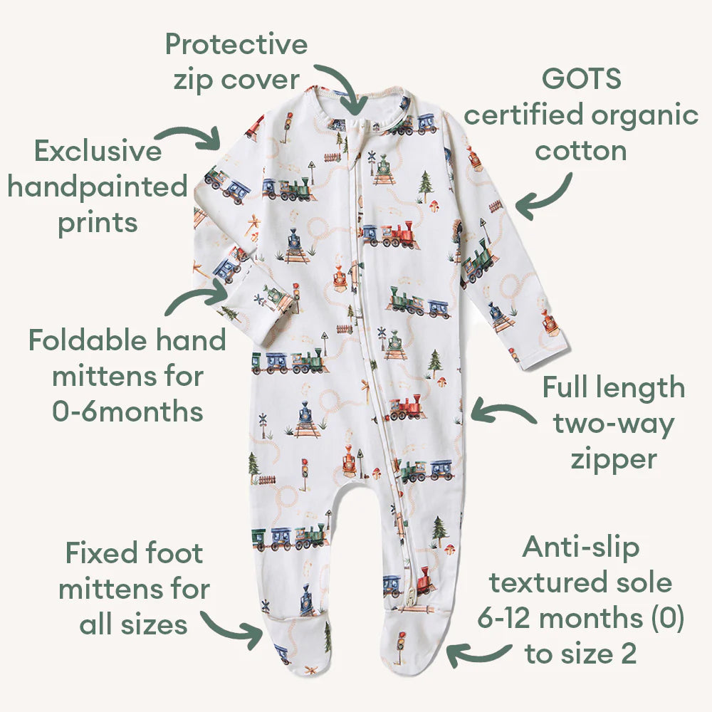 Trains Organic Snuggle Sleepsuit Zip Footie