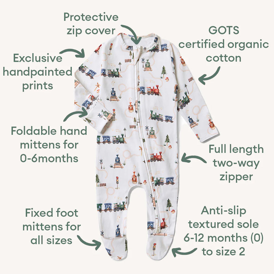 Trains Organic Snuggle Sleepsuit Zip Footie