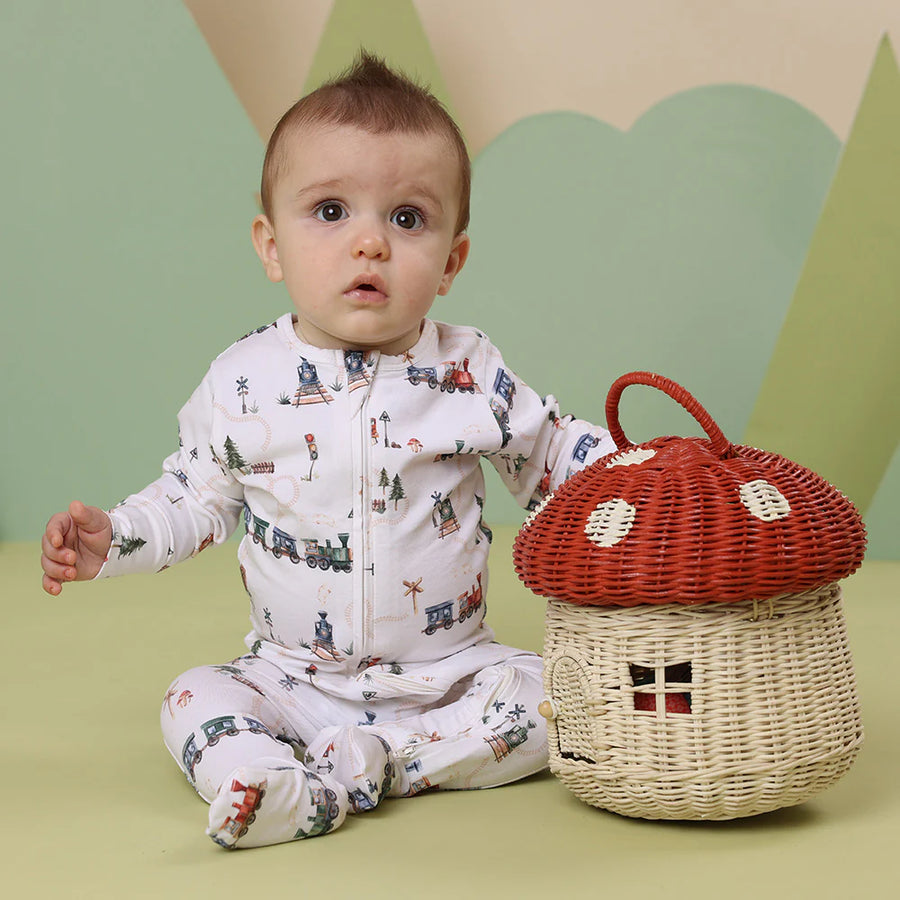Trains Organic Snuggle Sleepsuit Zip Footie