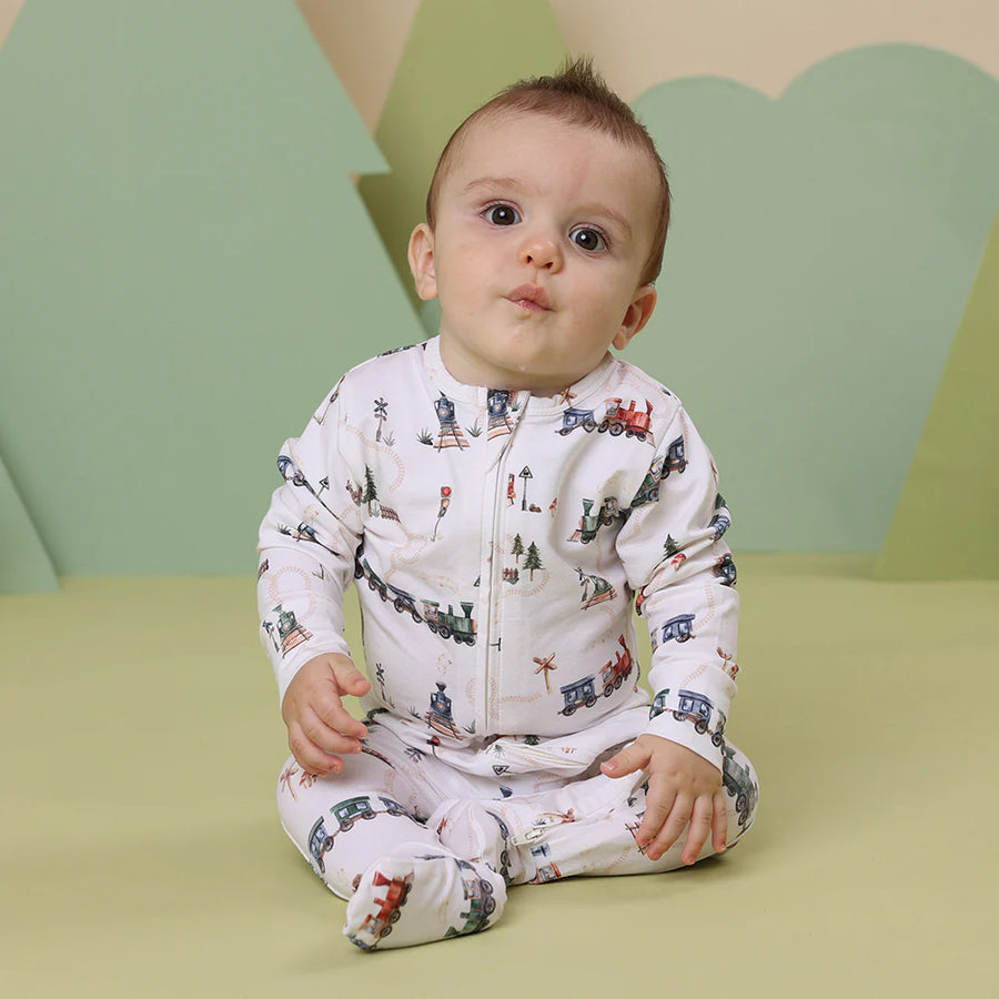 Trains Organic Snuggle Sleepsuit Zip Footie